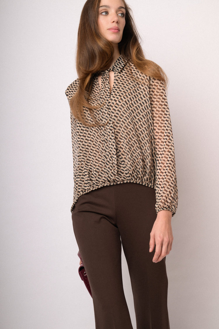 Beige and black geometric asymmetric tunic