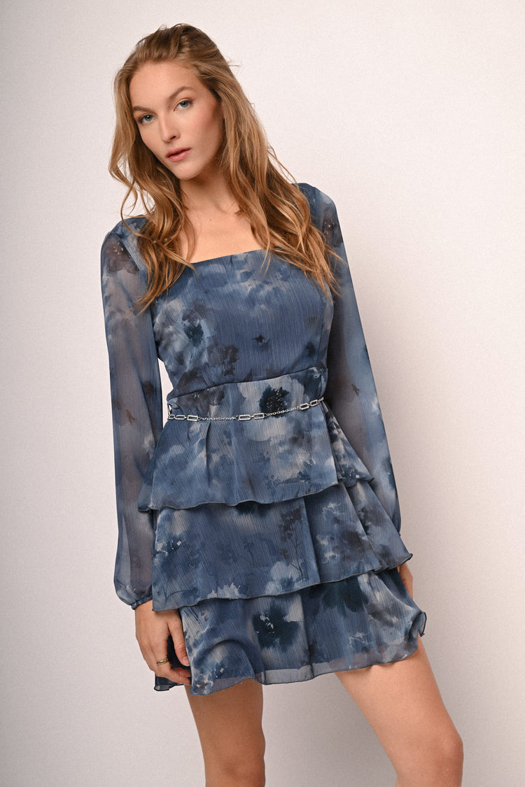 Belted printed tiered mini dress