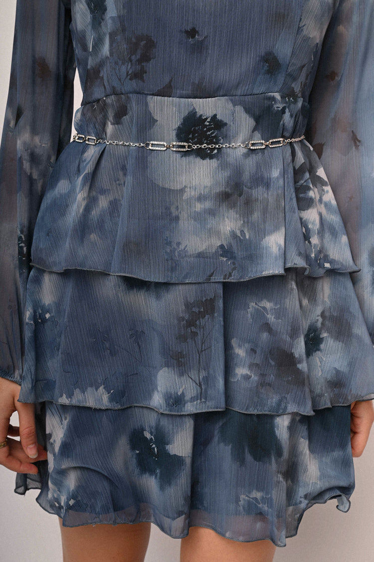 Belted printed tiered mini dress