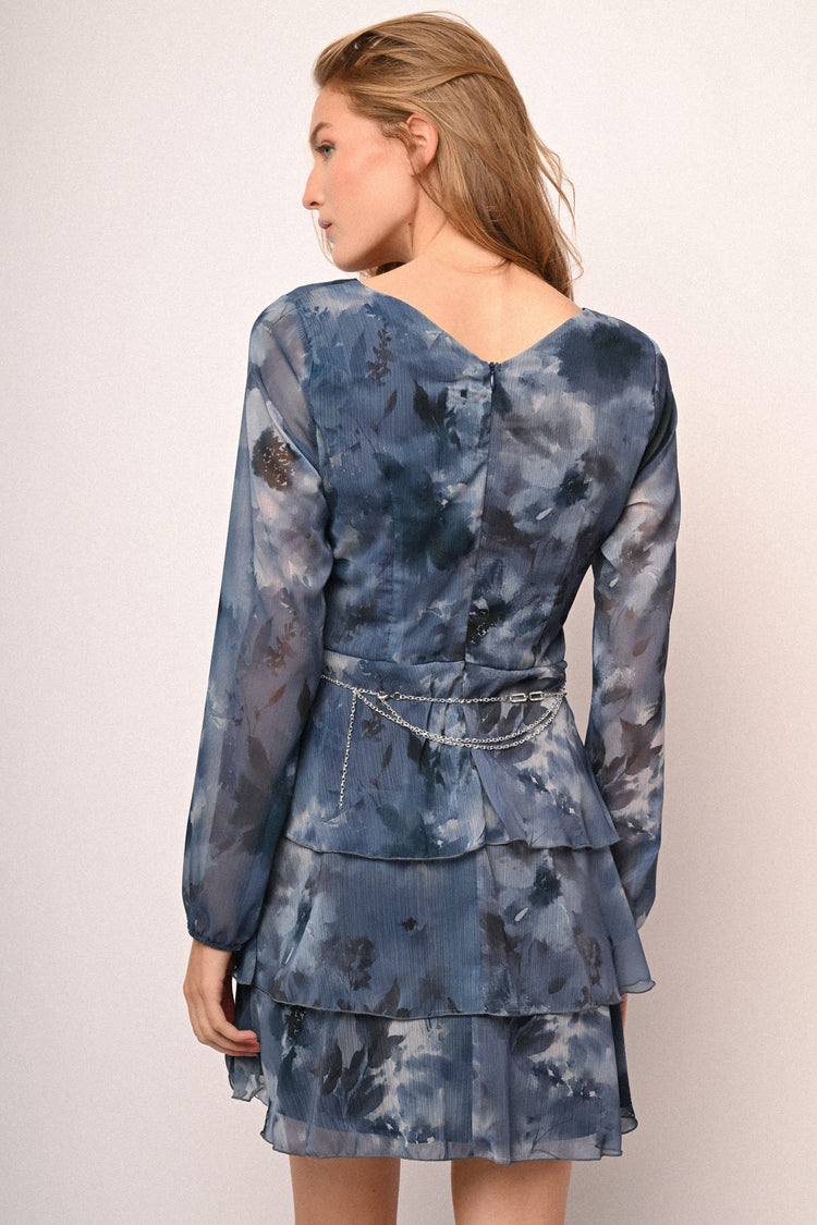 Belted printed tiered mini dress