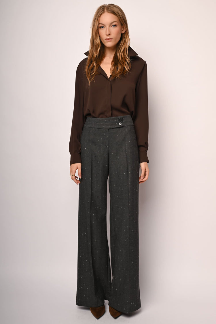 Laminated pinstriped wide-leg trousers