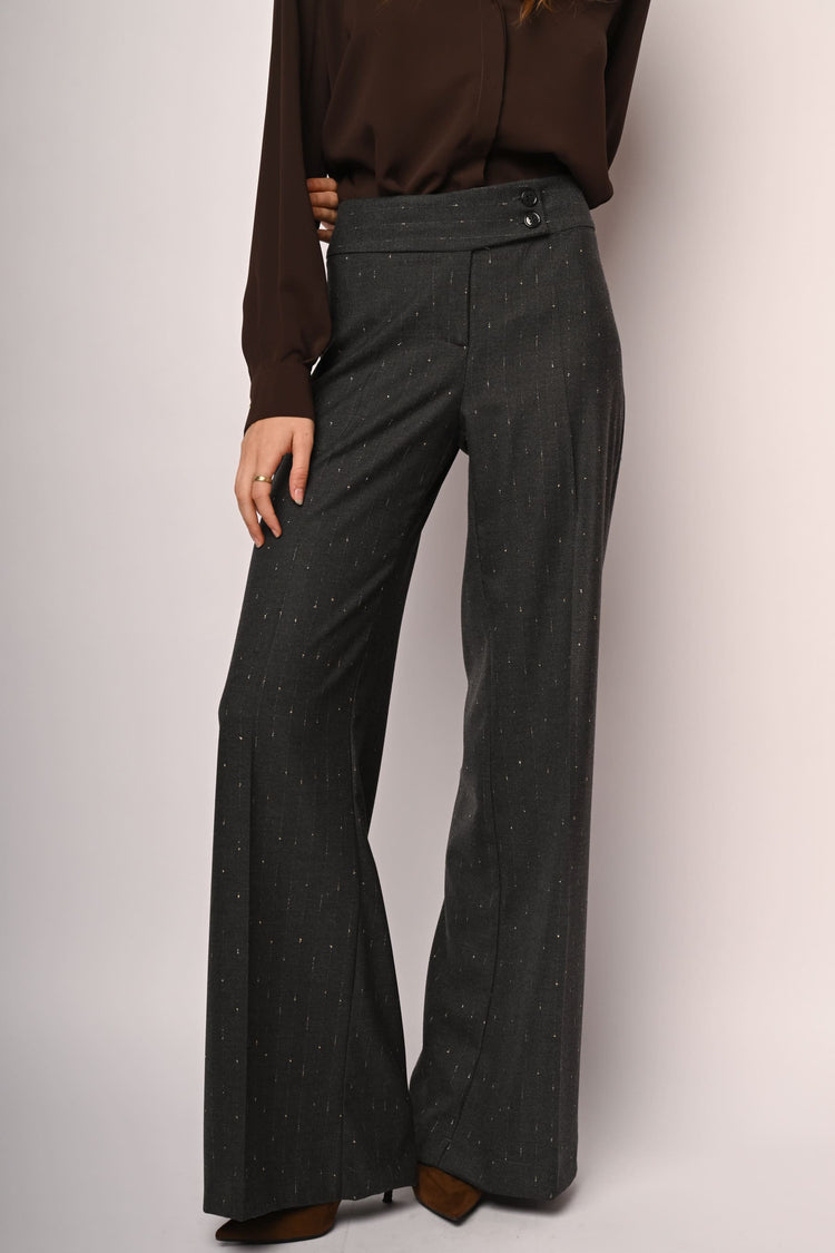 Laminated pinstriped wide-leg trousers