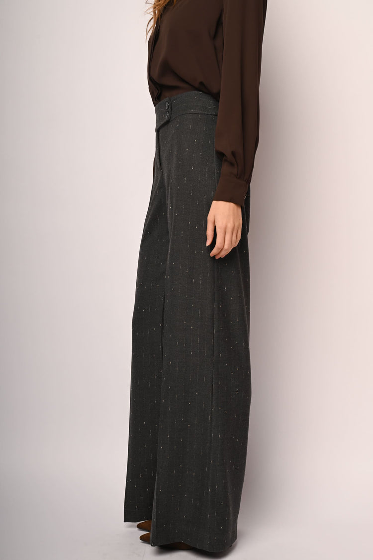 Laminated pinstriped wide-leg trousers