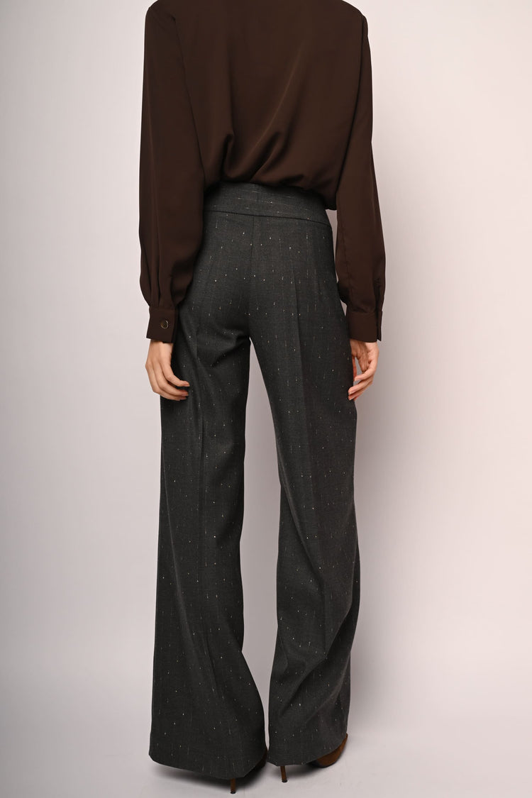 Laminated pinstriped wide-leg trousers
