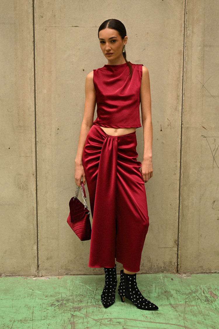 Gathered satin midi skirt