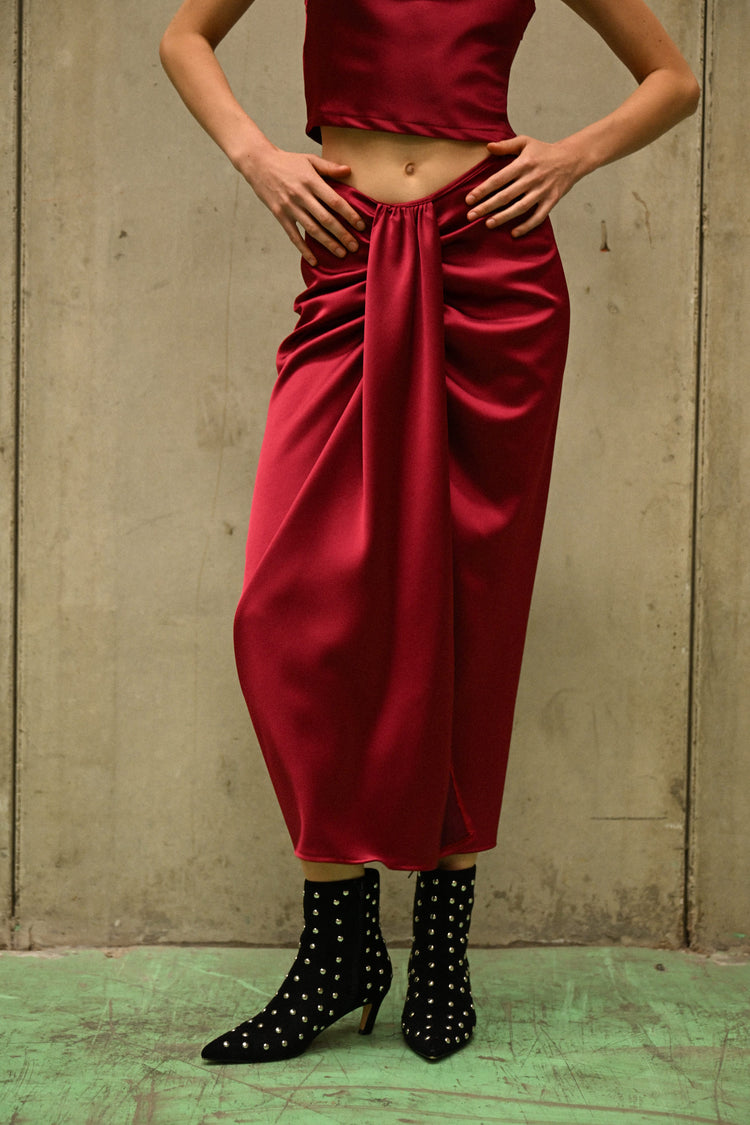 Gathered satin midi skirt