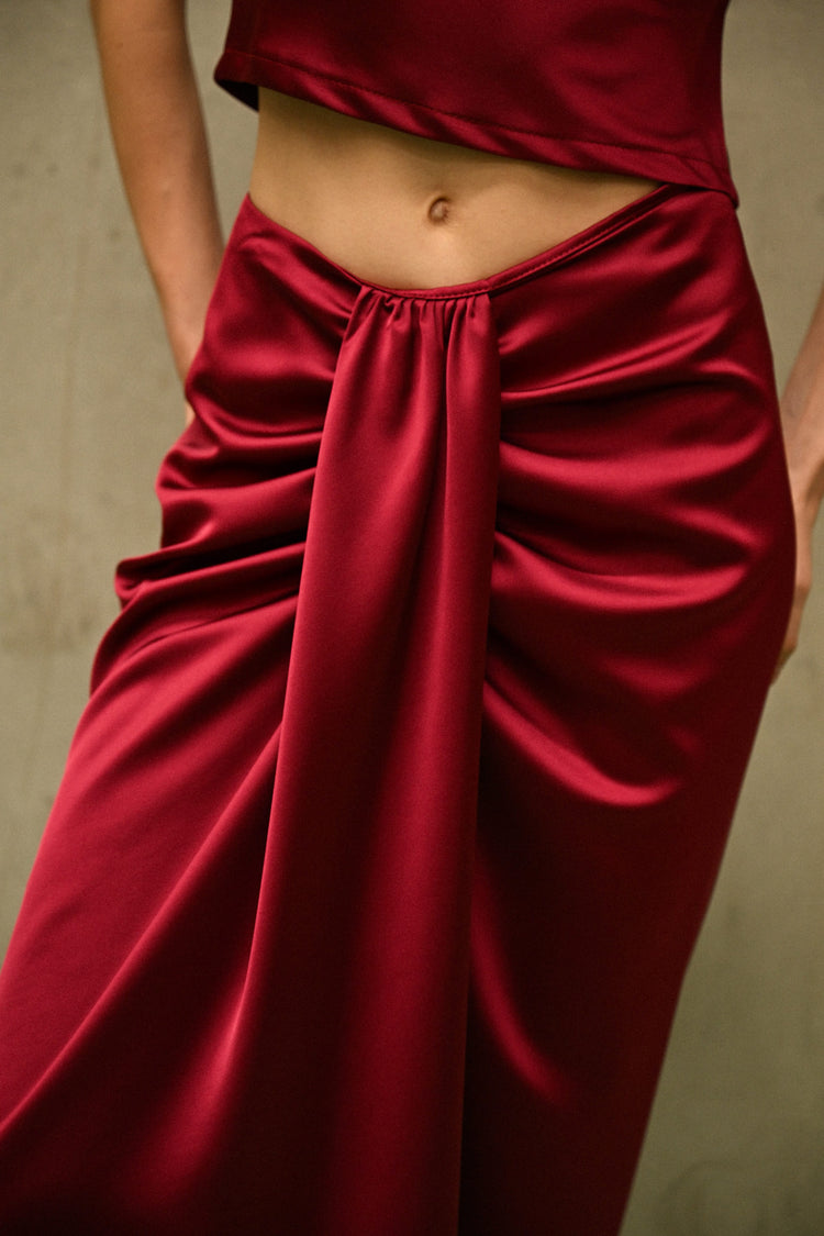 Gathered satin midi skirt