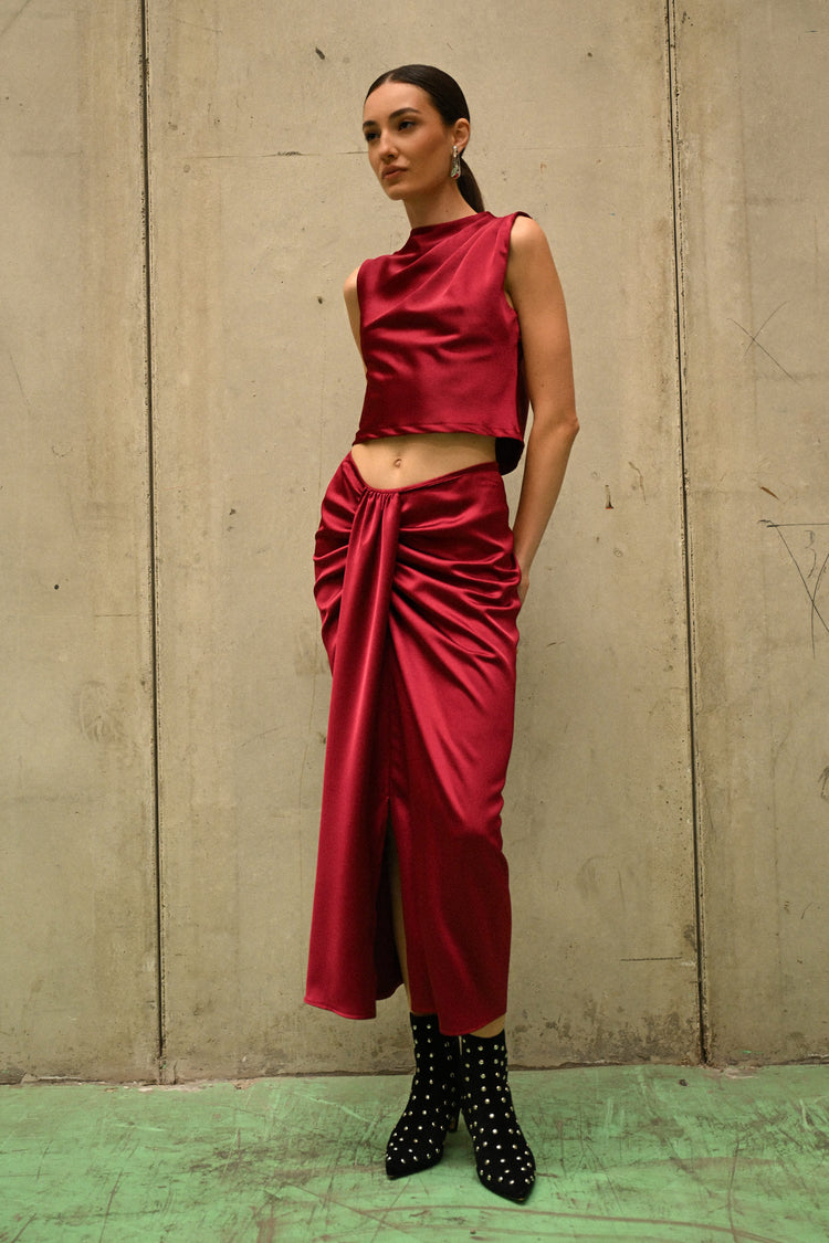 Gathered satin midi skirt