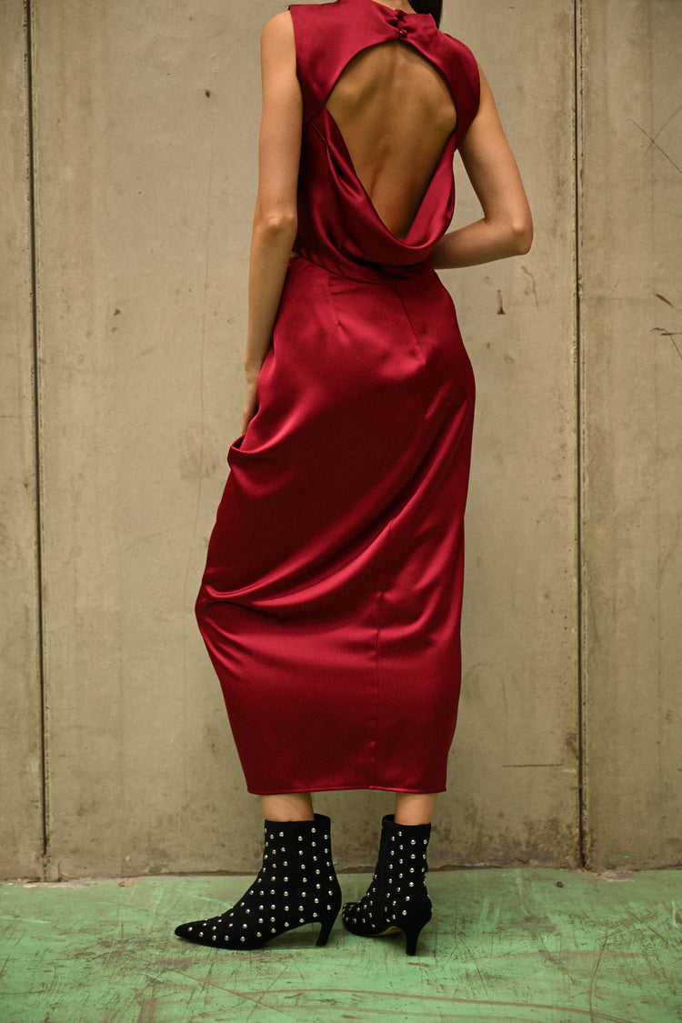Gathered satin midi skirt
