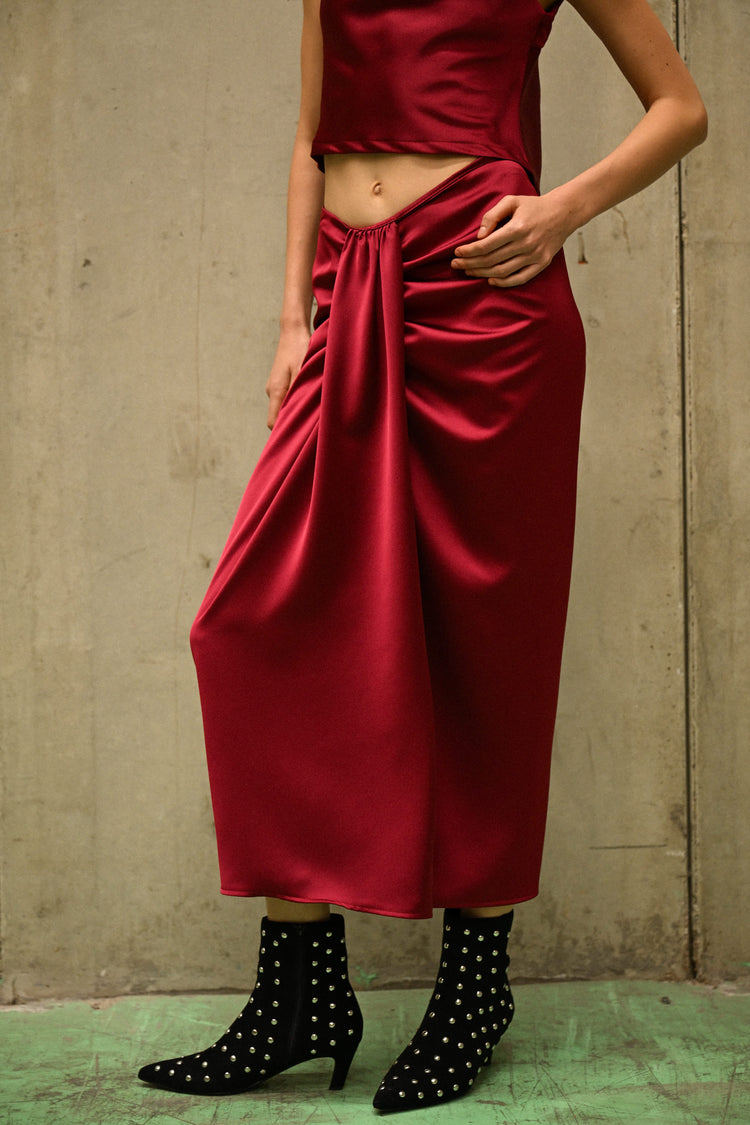 Gathered satin midi skirt