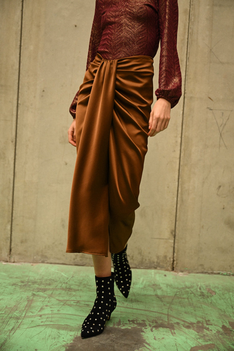 Gathered satin midi skirt