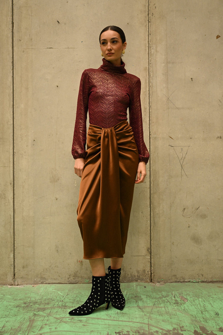 Gathered satin midi skirt