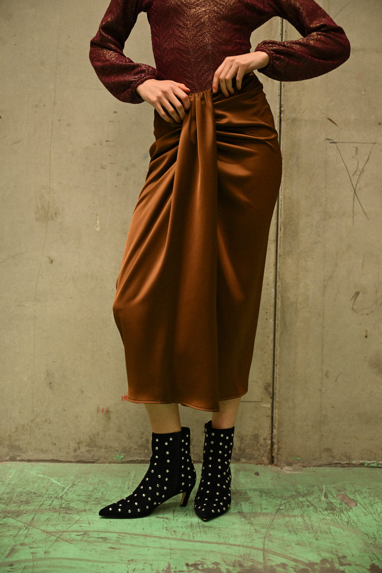 Gathered satin midi skirt