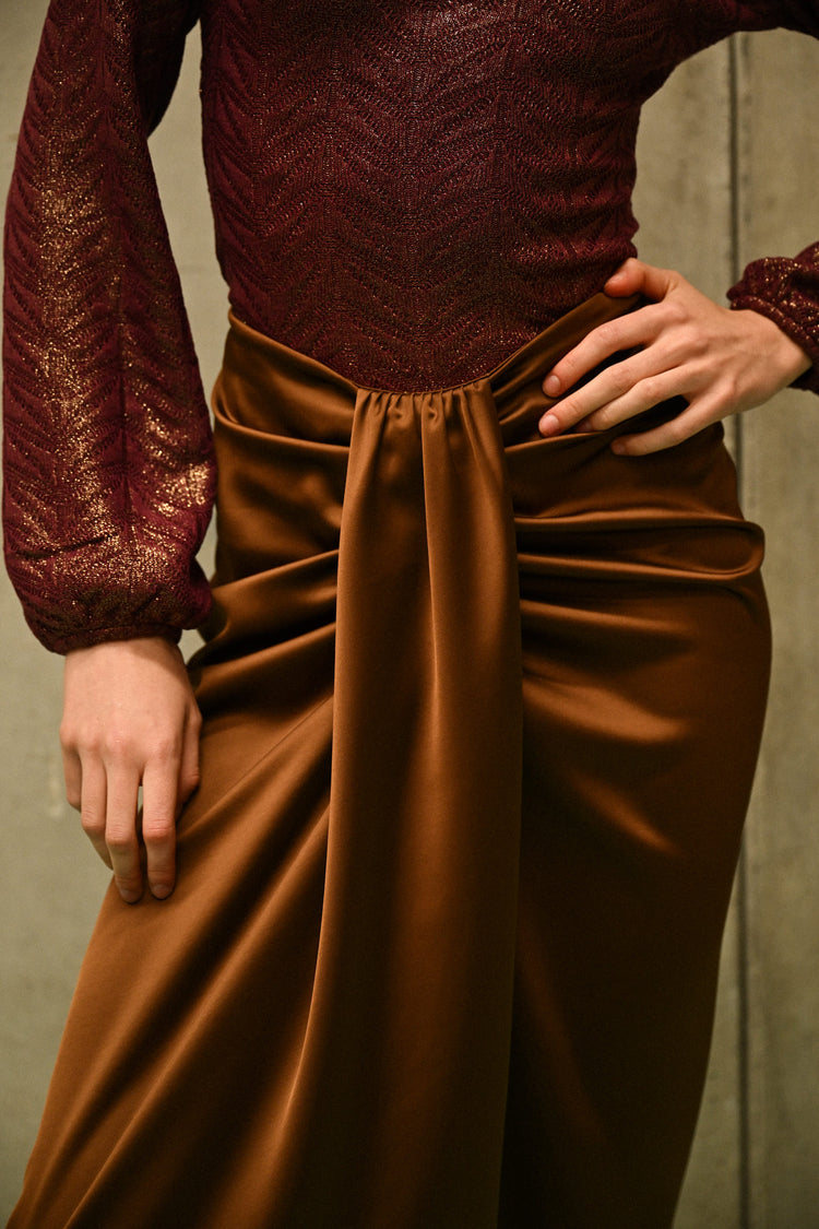 Gathered satin midi skirt
