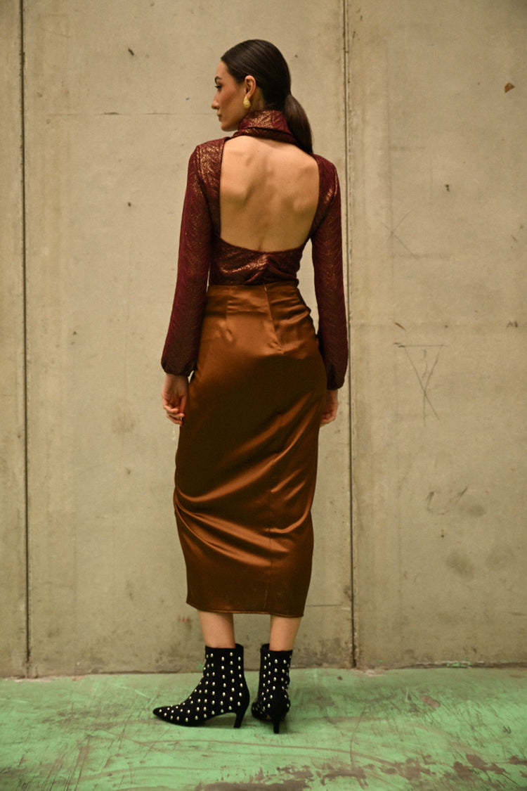 Gathered satin midi skirt