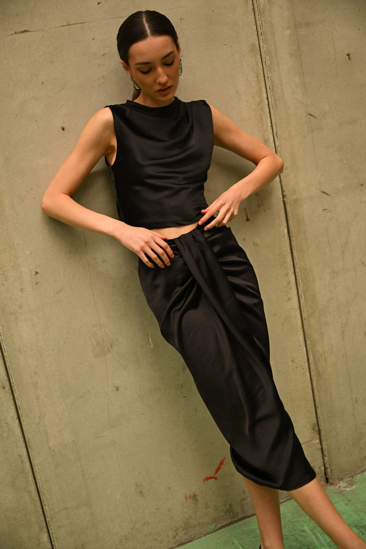 Gathered satin midi skirt