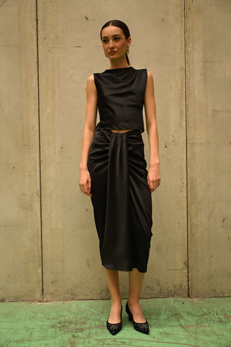 Gathered satin midi skirt