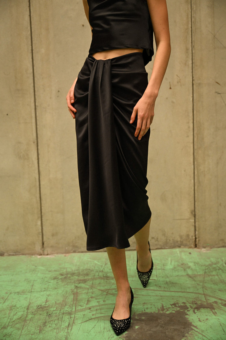 Gathered satin midi skirt
