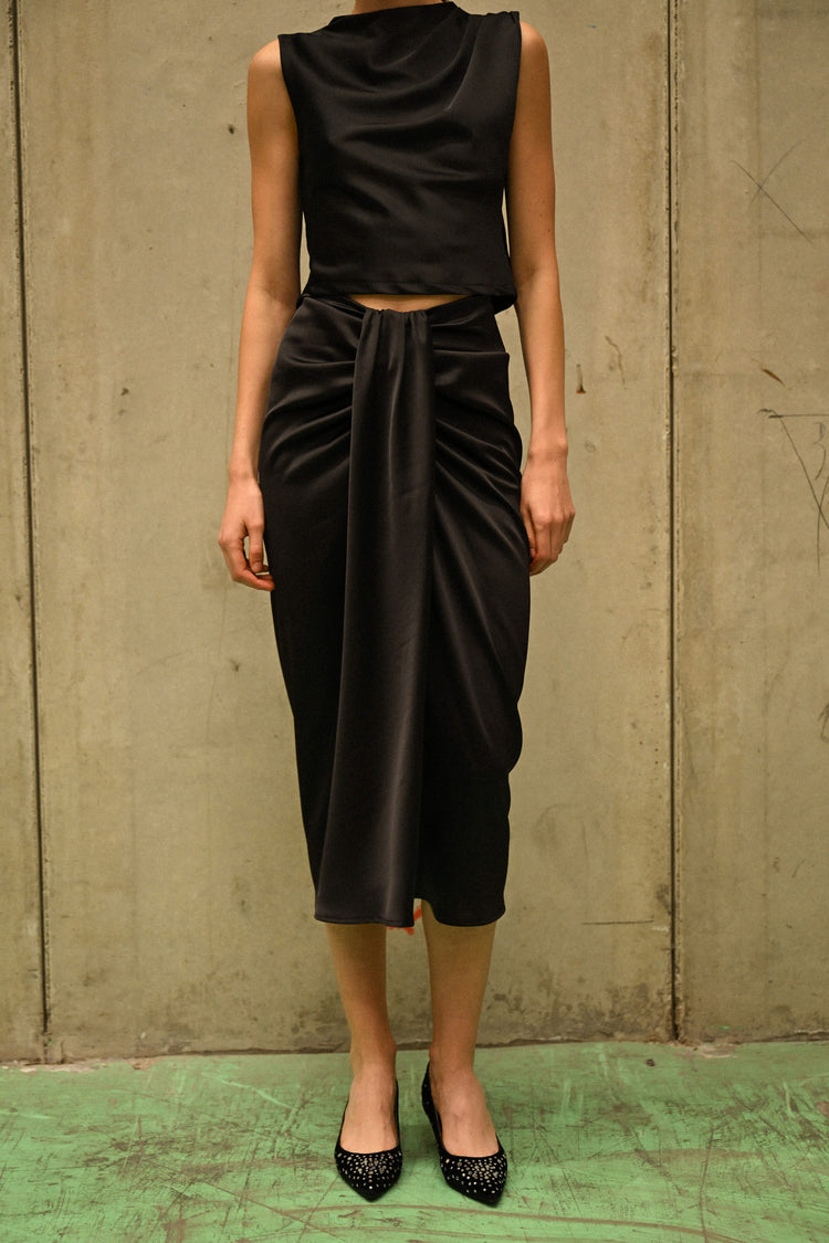 Gathered satin midi skirt