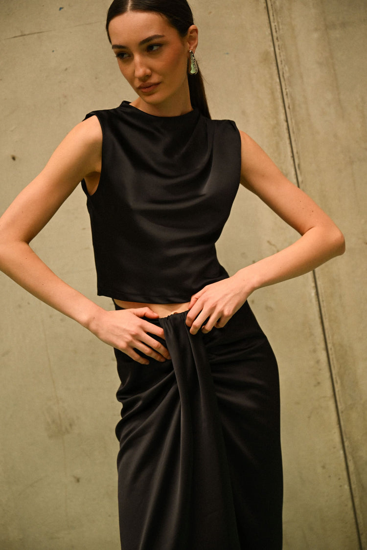 Gathered satin midi skirt