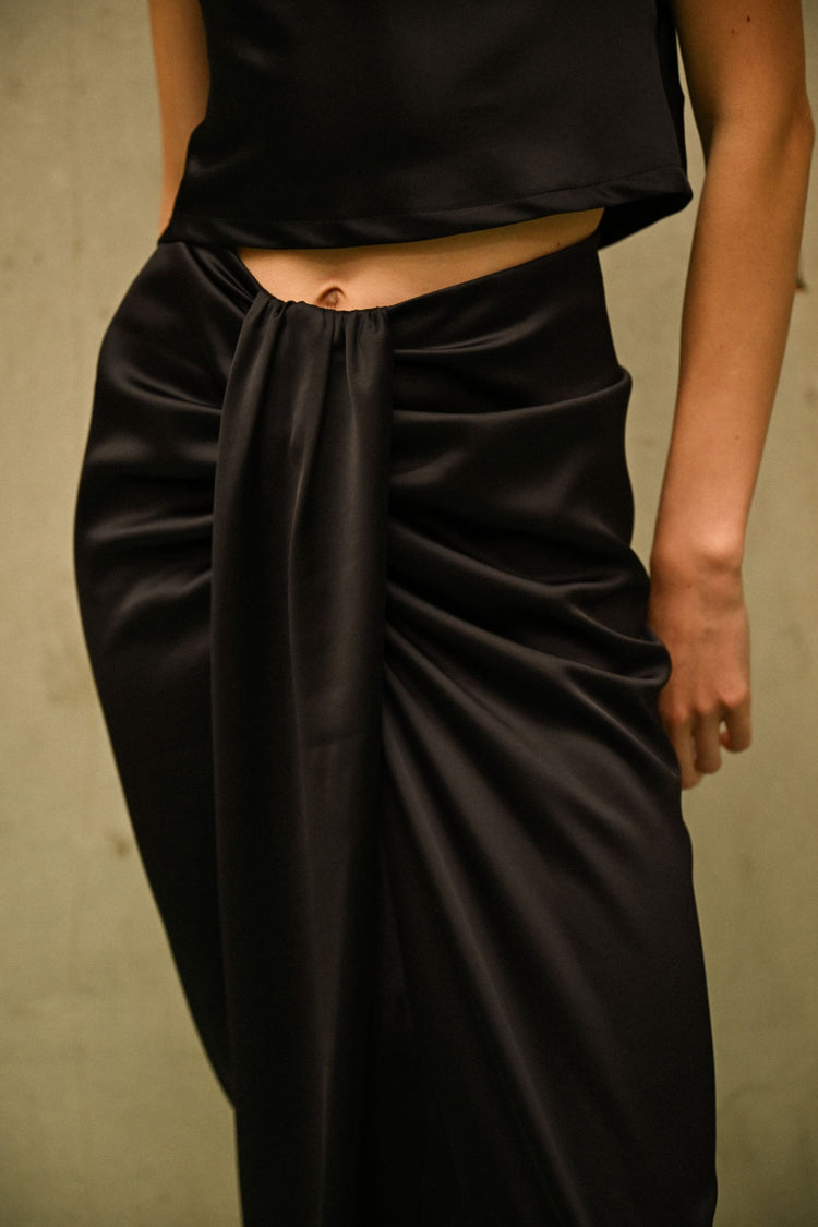 Gathered satin midi skirt