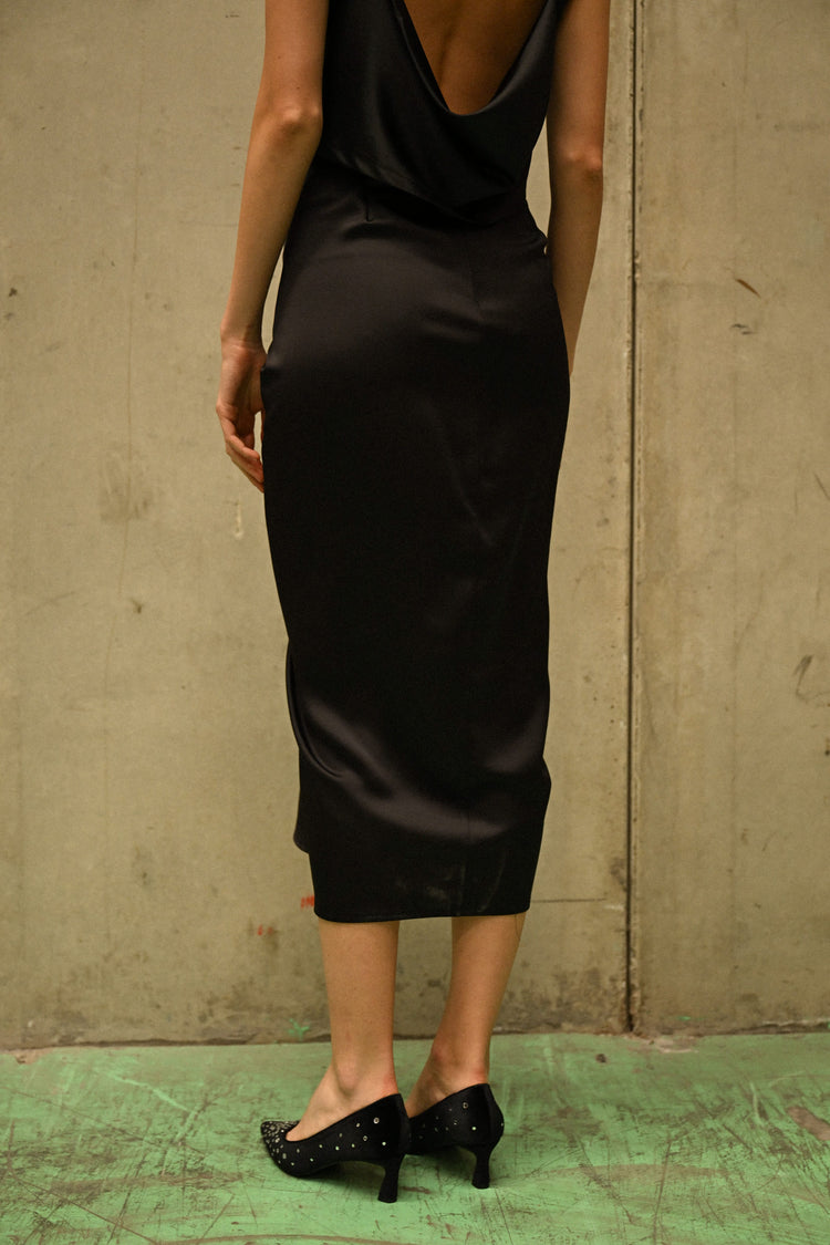 Gathered satin midi skirt