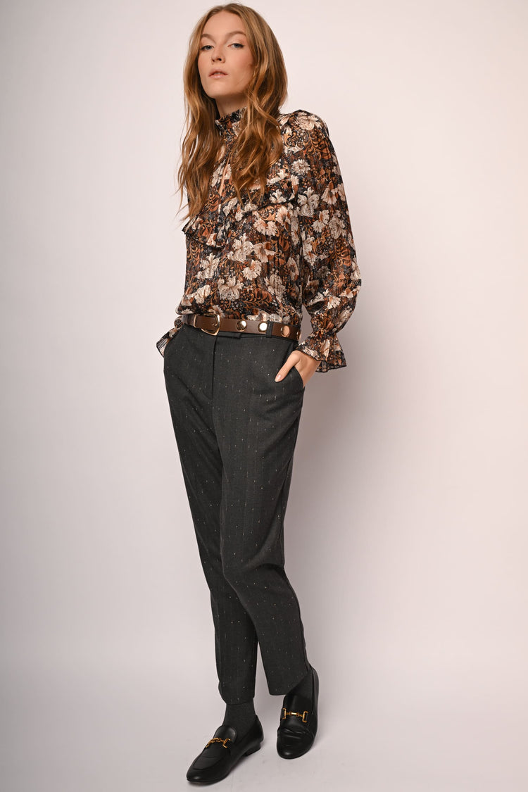 Laminated pinstriped trousers