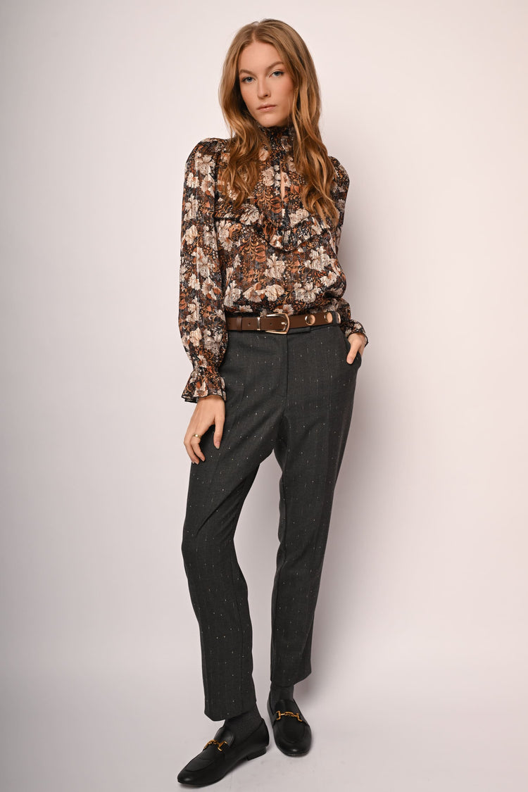 Laminated pinstriped trousers