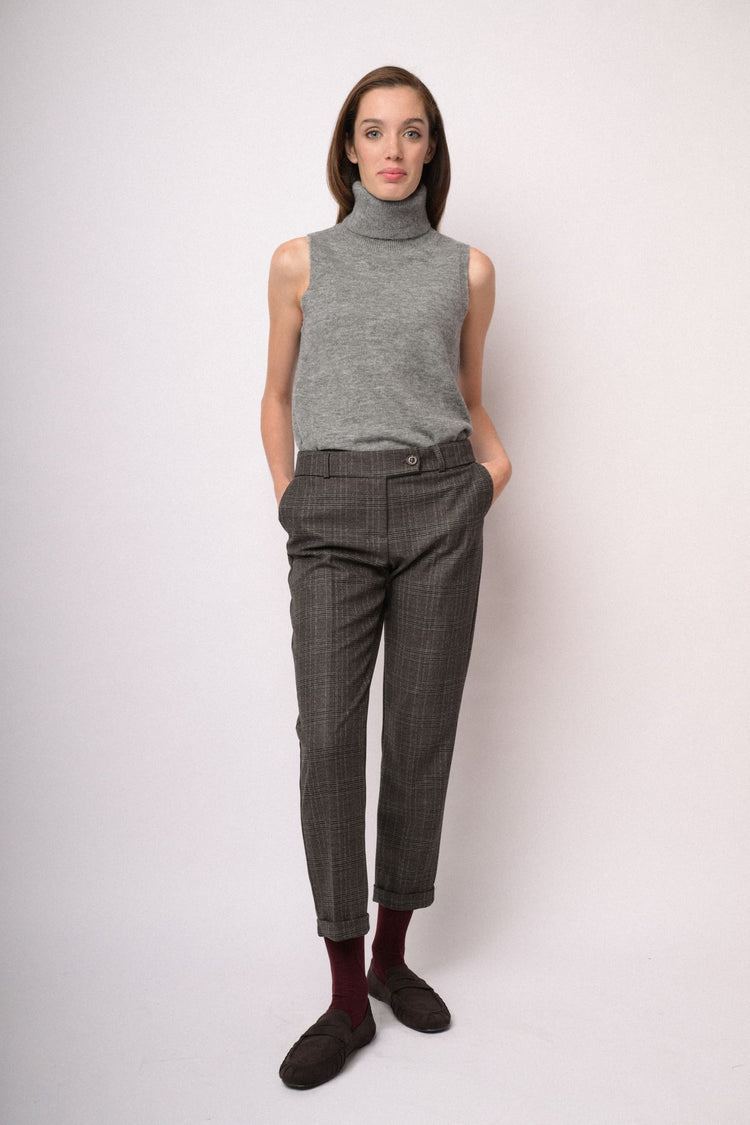 Grey check cropped slim trousers