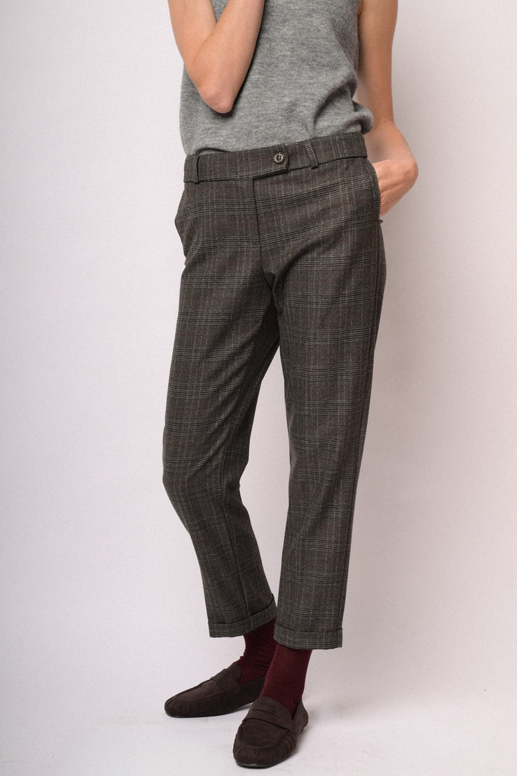 Grey check cropped slim trousers