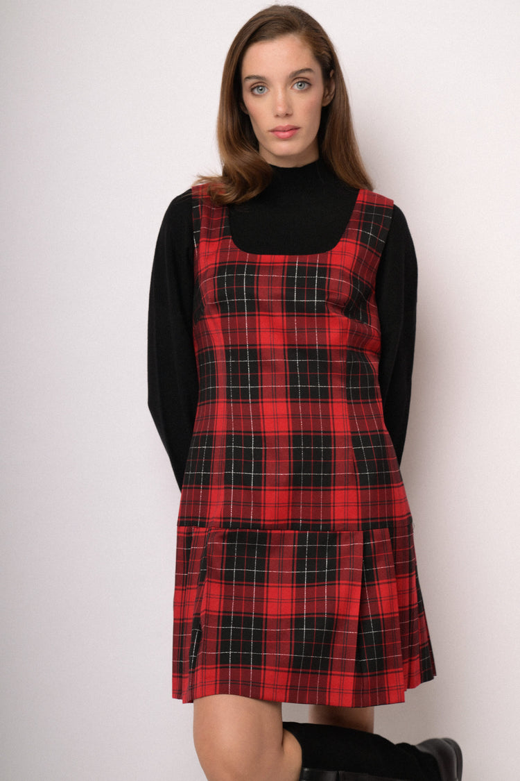 Red and black check mini pinafore dress