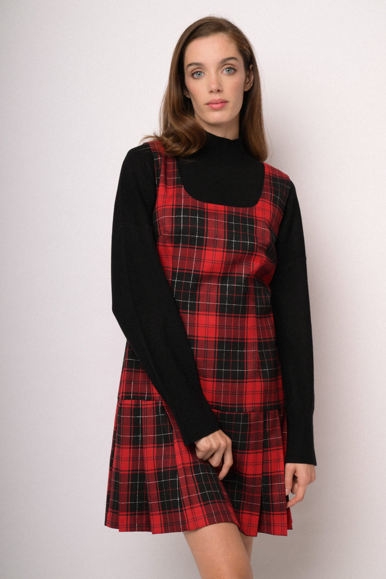 Red and black check mini pinafore dress
