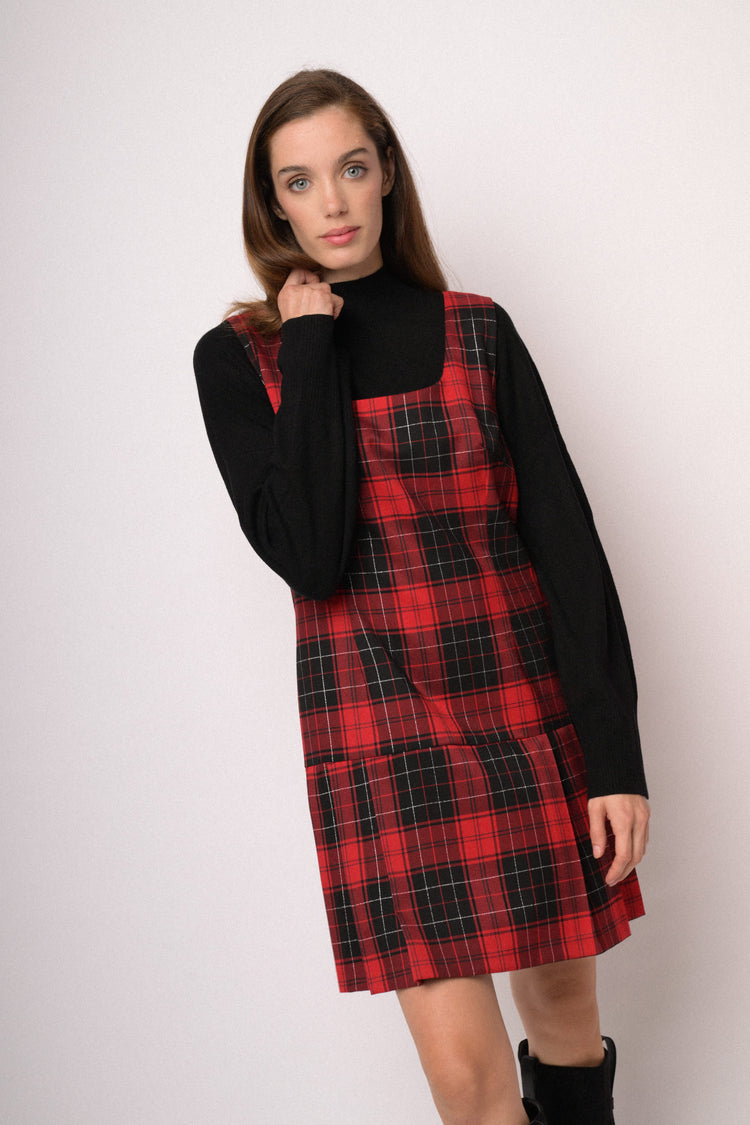 Red and black check mini pinafore dress