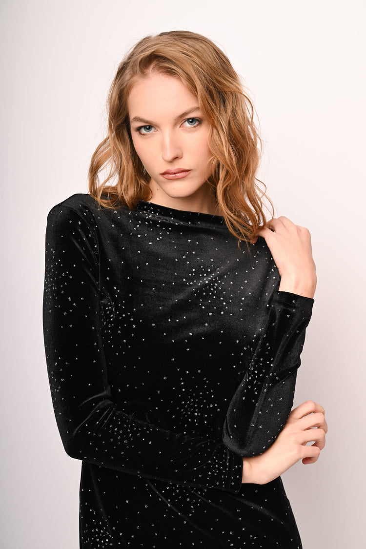 Rhinestone & cut-out velvet dress
