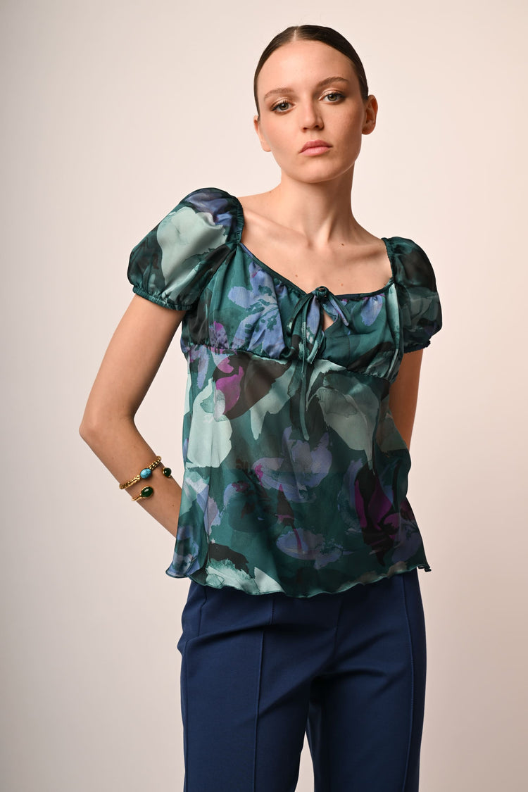 Floral print self-tie straps top