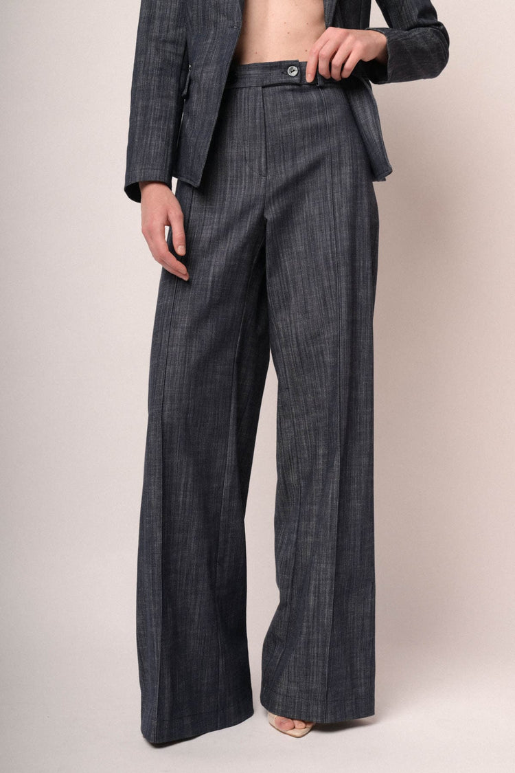 Pantaloni palazzo in tela effetto denim blu