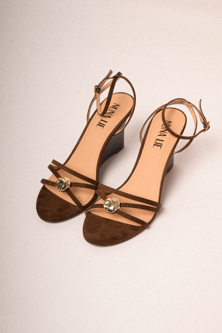 Dark brown faux suede wedge sandals