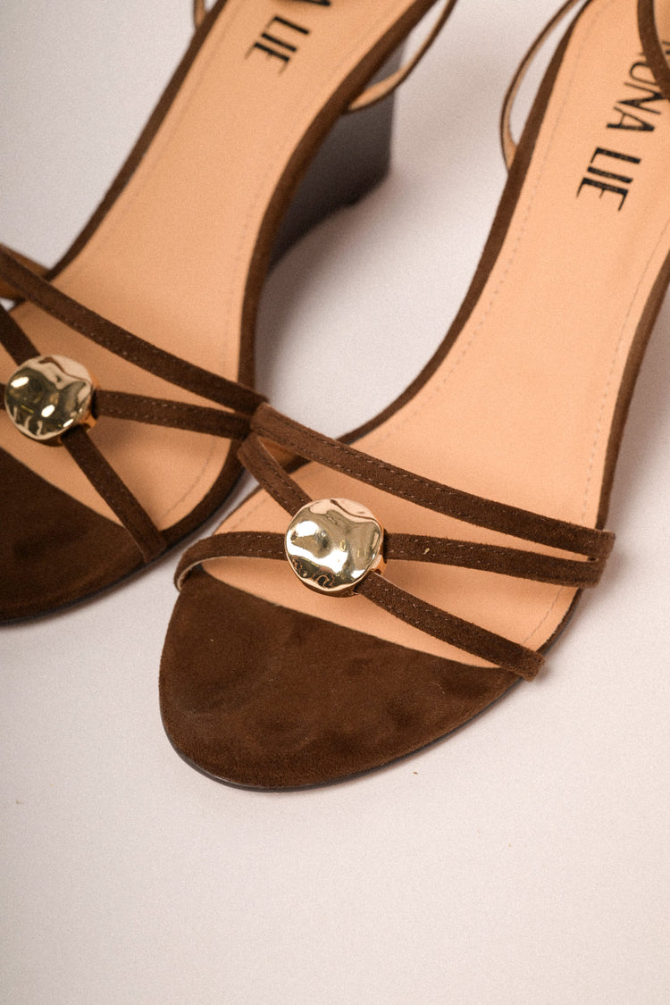Dark brown faux suede wedge sandals