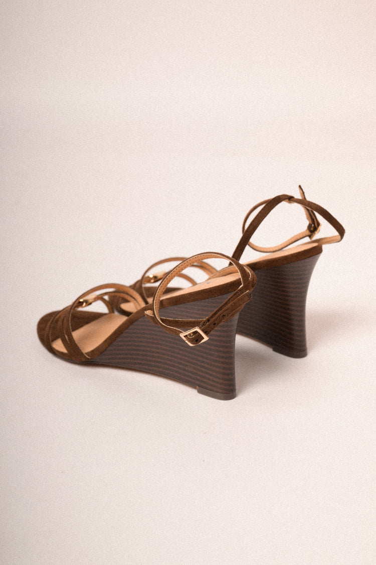 Dark brown faux suede wedge sandals
