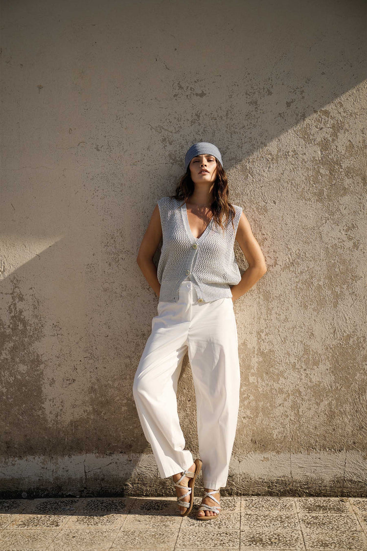 White cotton-blend barrel-leg trousers