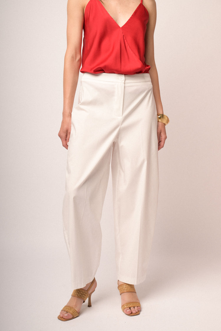 White cotton-blend barrel-leg trousers