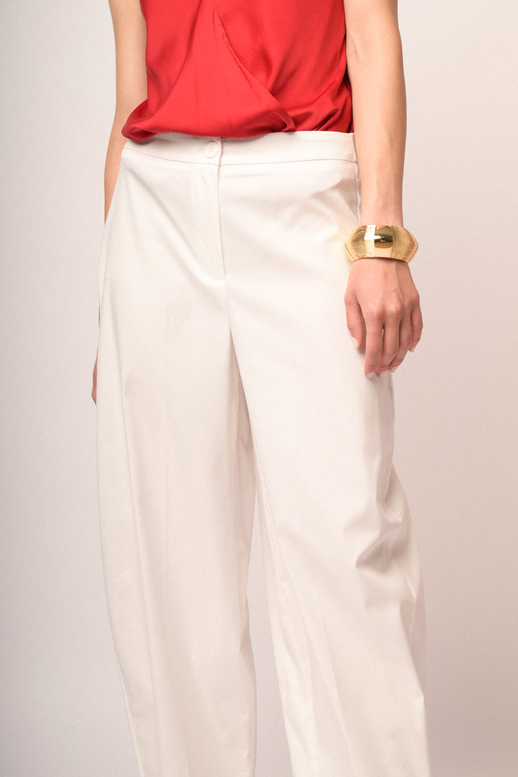 White cotton-blend barrel-leg trousers