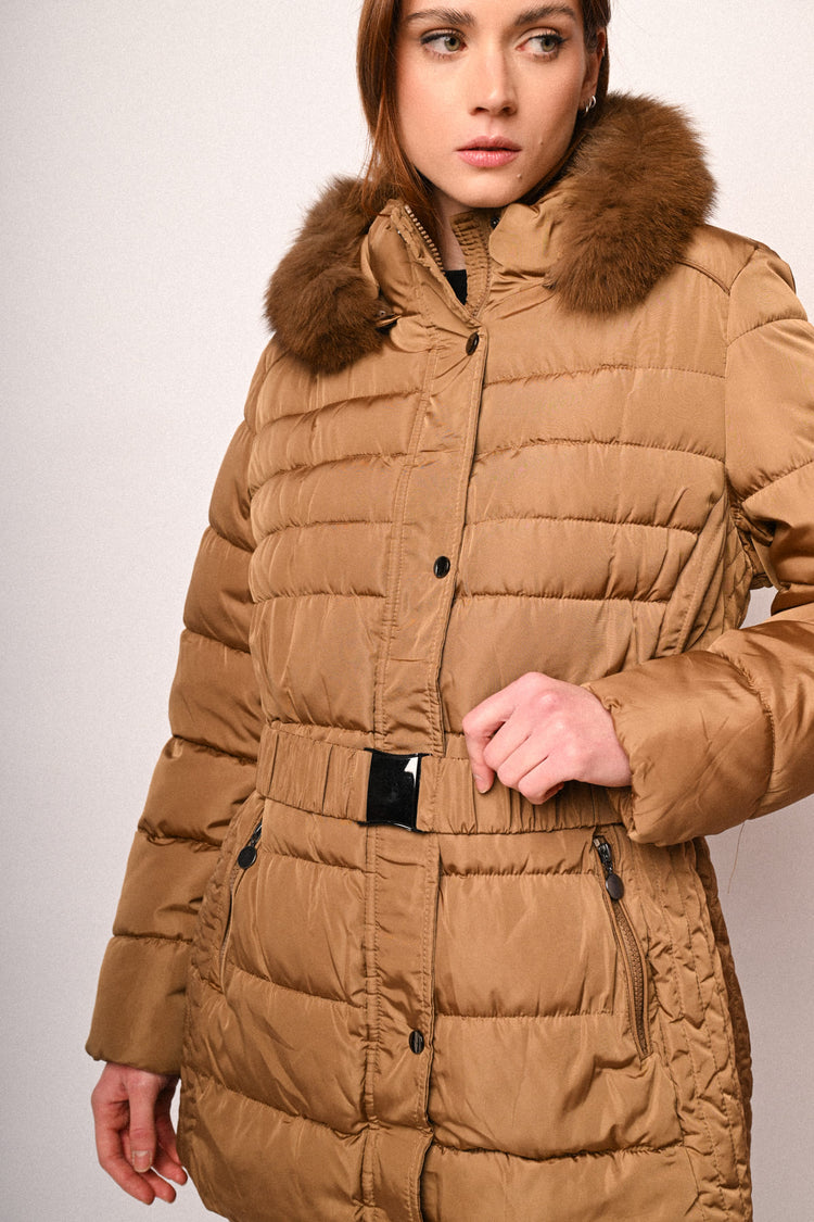 Fur-trimmed hood belted down jacket