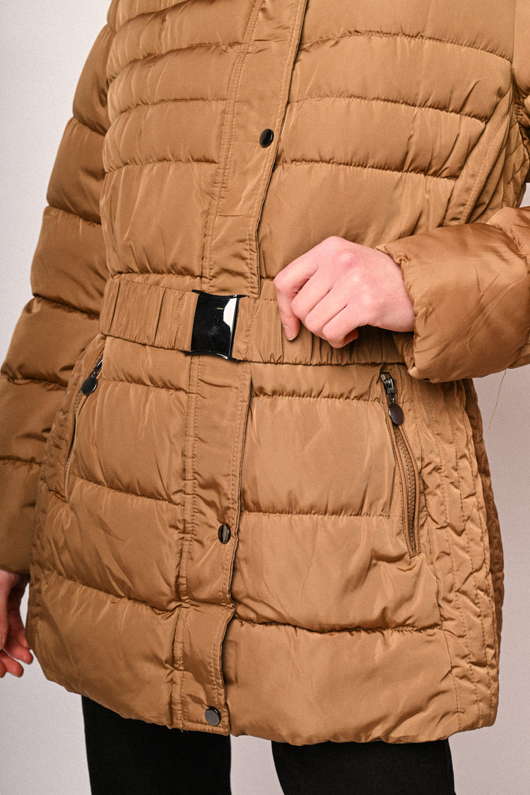Fur-trimmed hood belted down jacket