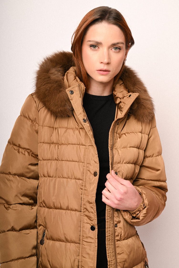 Fur-trimmed hood belted down jacket