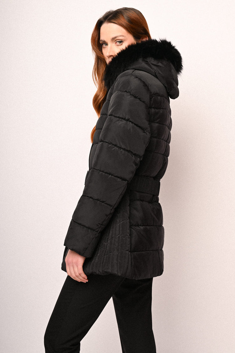 Fur-trimmed hood belted down jacket