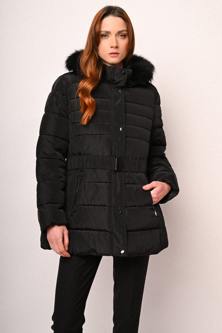 Fur-trimmed hood belted down jacket