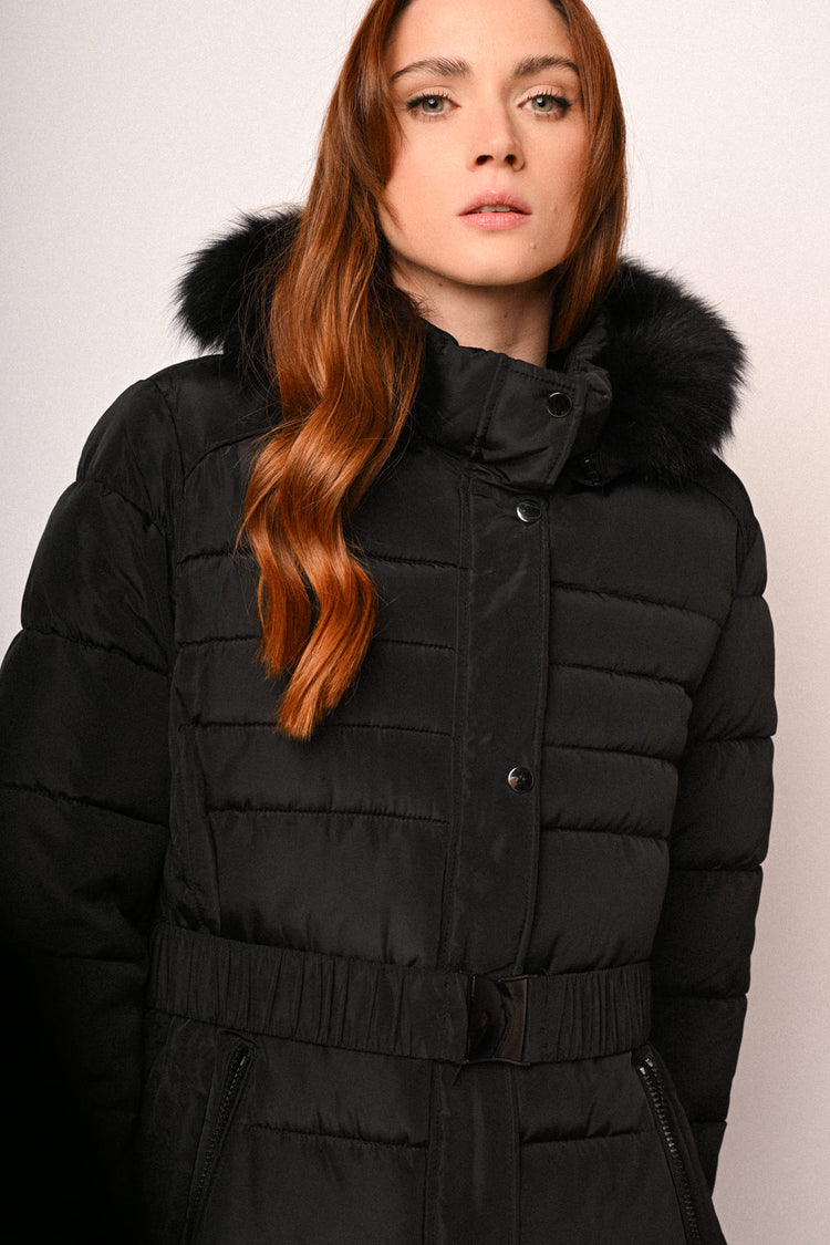 Fur-trimmed hood belted down jacket