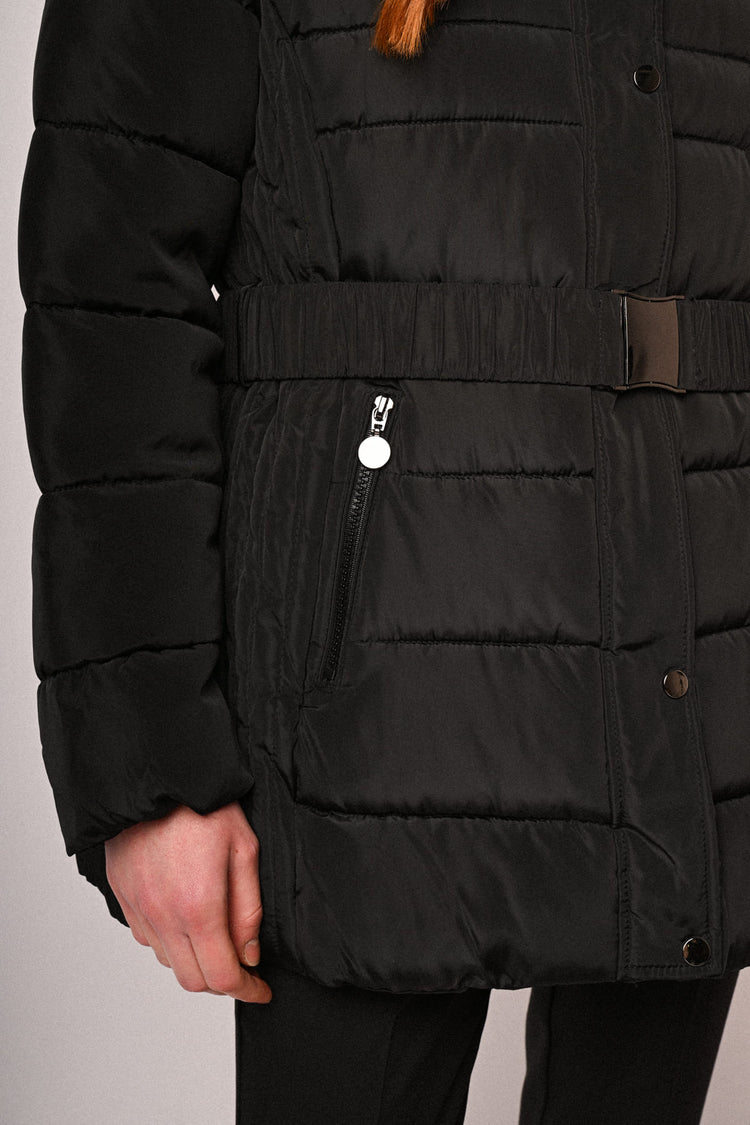 Fur-trimmed hood belted down jacket