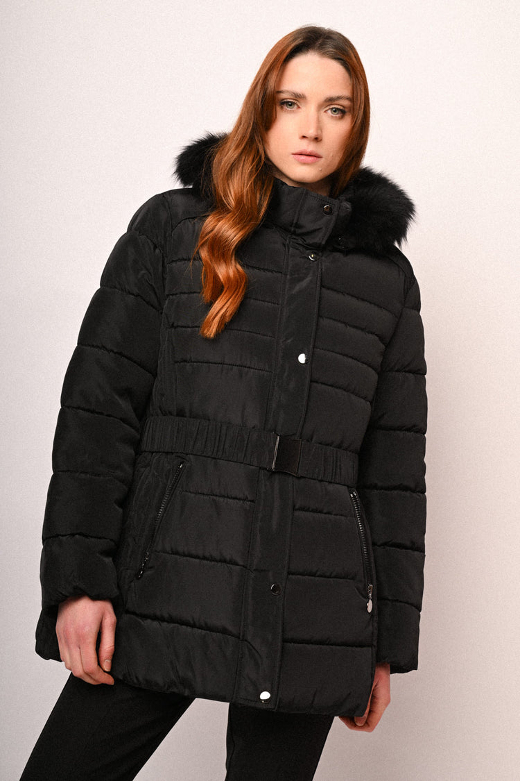 Fur-trimmed hood belted down jacket